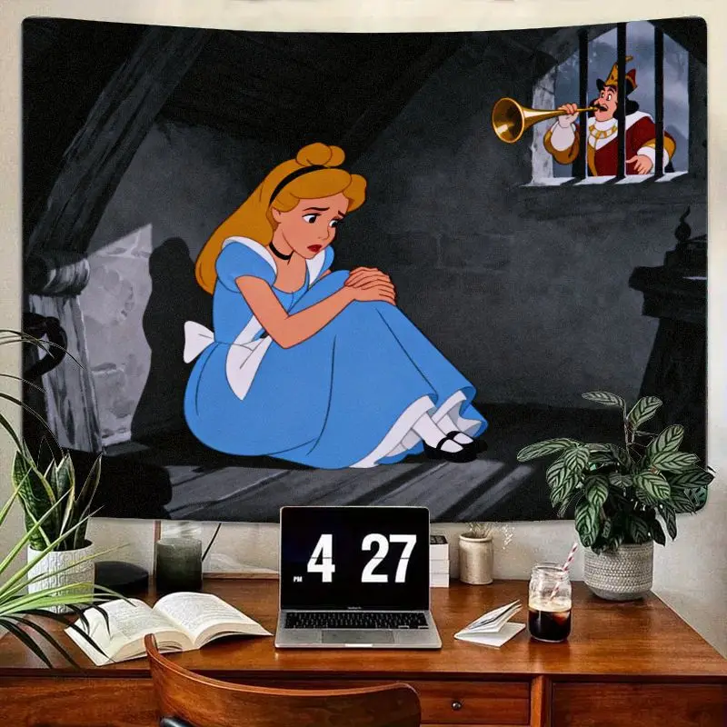 

1 шт. классический гобелен «Алиса в стране чудес», потертый синий настенный рисунок «Алиса», темный фэнтезийный декор комнаты для спальни, общежития, гостиной G