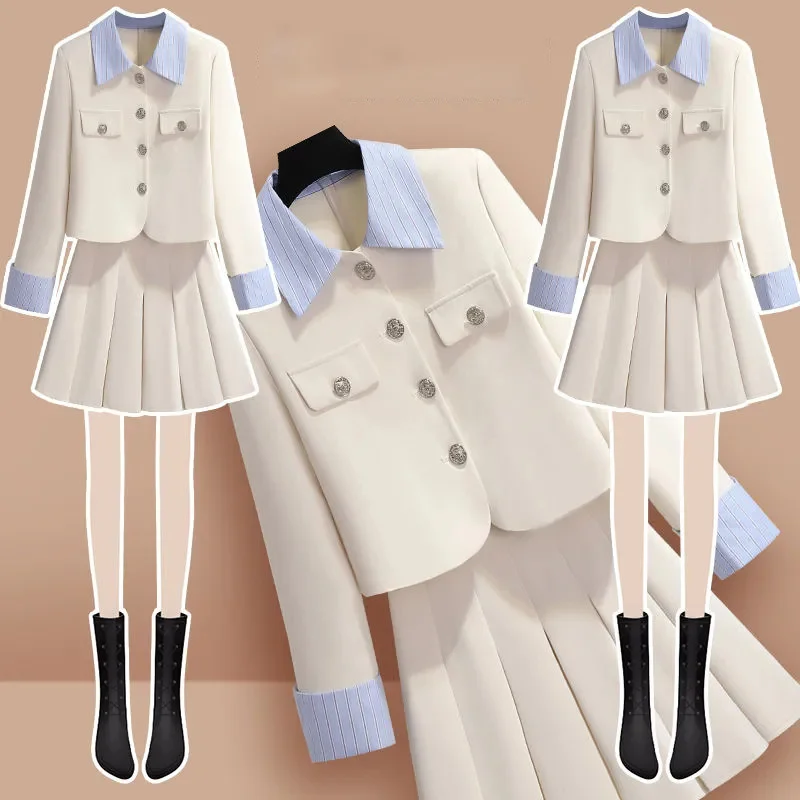 Spring Autumn Skirt Suits Women 2024 New Jacket Skirts Two-Piece Suit Fashion Single-Breasted Coat Pleated Skirt Sets Female