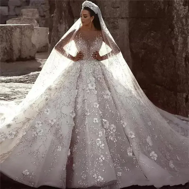 Customized Arabic Crystal Wedding Dresses Tulle Ball Gown Sheer Long Sleeve Beach Bridal Gowns Chapel Train