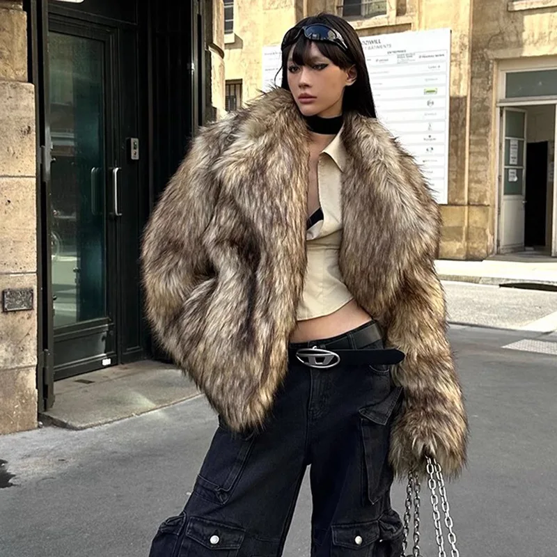 معطف نسائي من الفرو الصناعي بياقة الراكون البني صديق للبيئة سترة شتوية دافئة ملابس خارجية عصرية