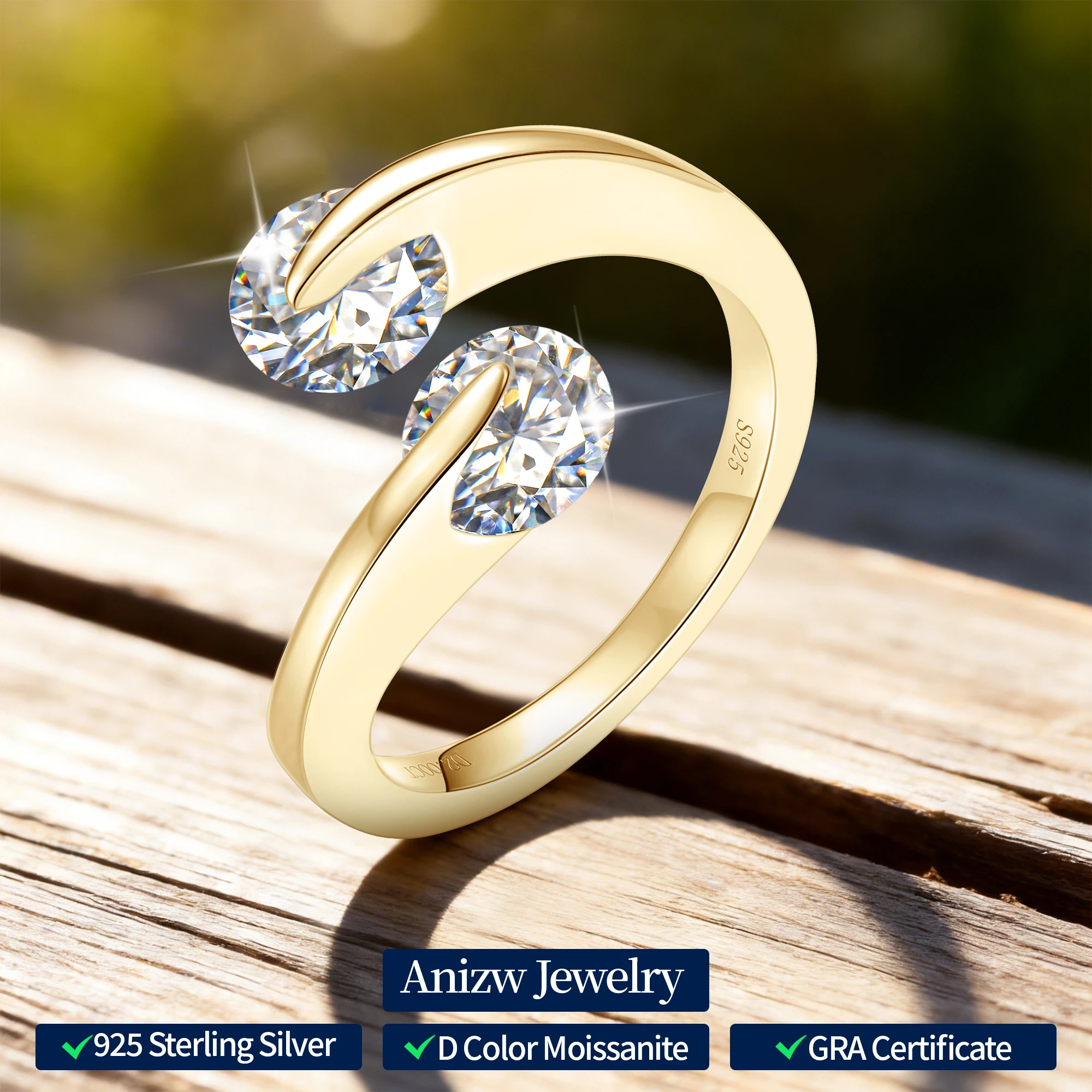 

Anziw 2025 Two-stone Ring Moissanite 1CT 6.5MM 925 Sterling Silver Rings for Women s925 Fashion Finger Bands Certified Jewelry