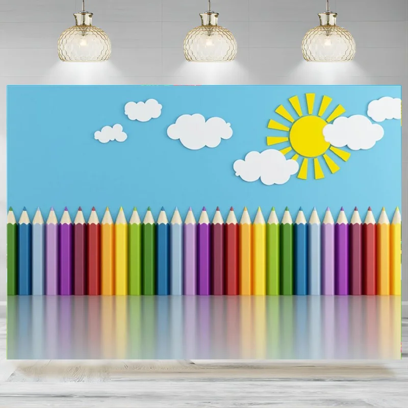 

Children's Day Decor Photography Background Crayon Sun Clouds Blue Backdrop Kindergarten Activity Children's Room Banner Decor