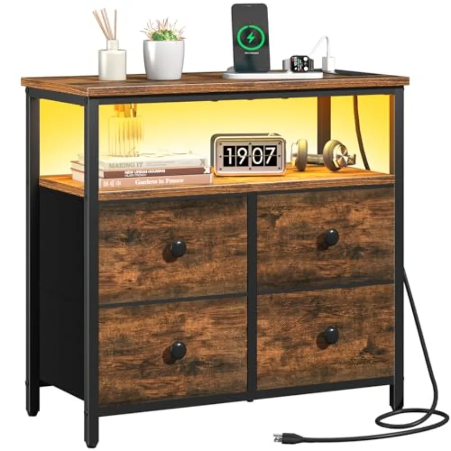 

Прикроватная тумбочка в деревенском стиле, коричневая, с 4 ящиками и зарядной станцией, светодиодная прикроватная тумба с полкой для хранения, 3-уровневый деревянный прикроватный столик для спальни