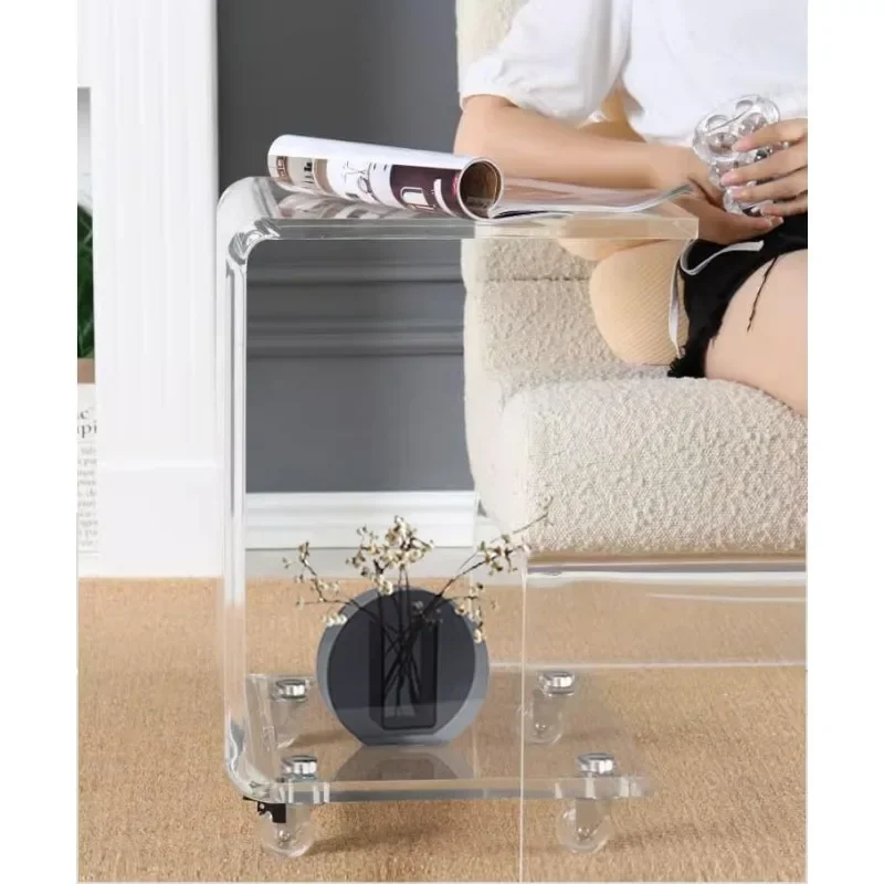 Mobile C Shaped End Table,Acrylic Sofa Side Table, Snack Table On Wheels,clear rolling table