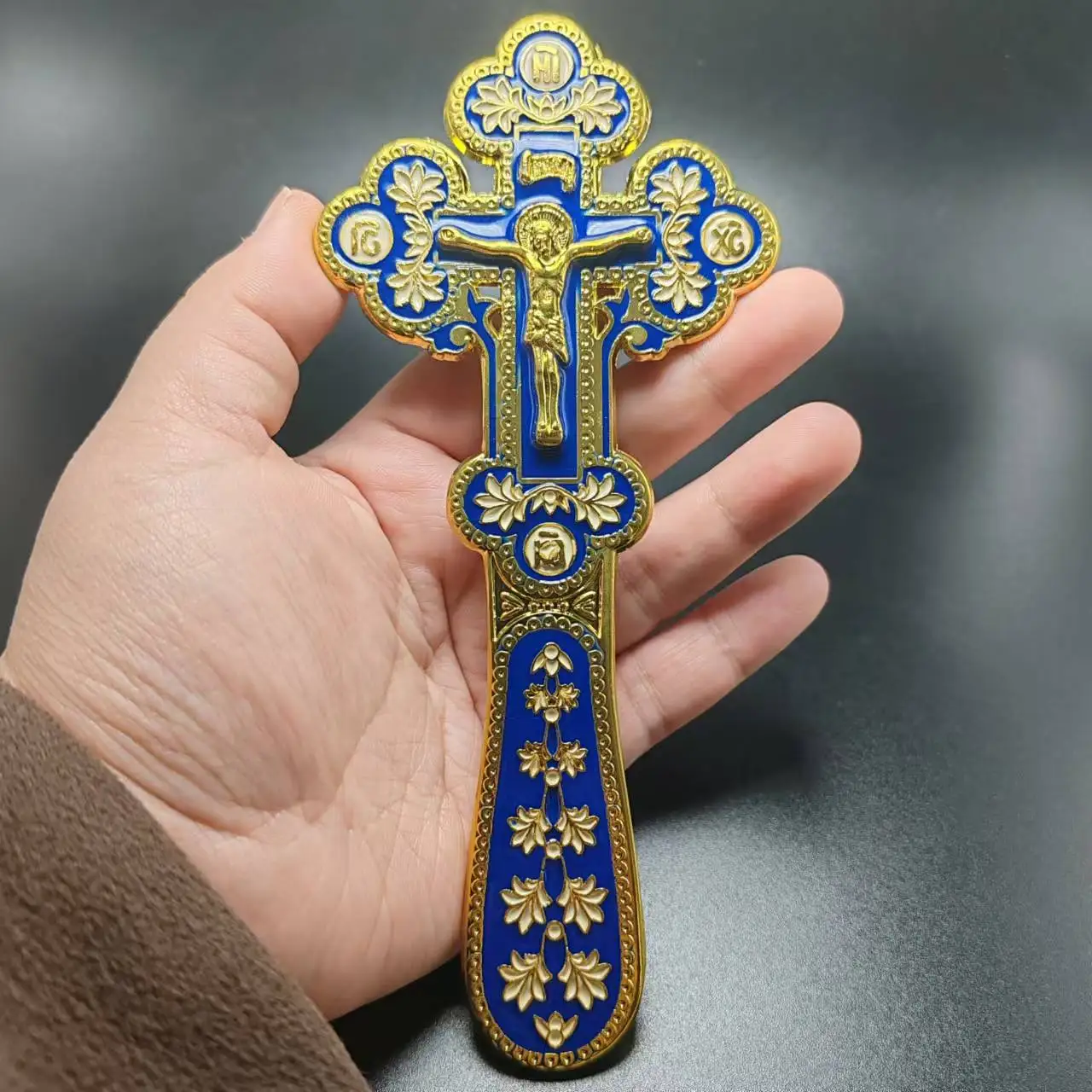 hot sell blue or red white enameled golden color zinc alloy Altar hand Blessing prayer cross orthodox crucifix