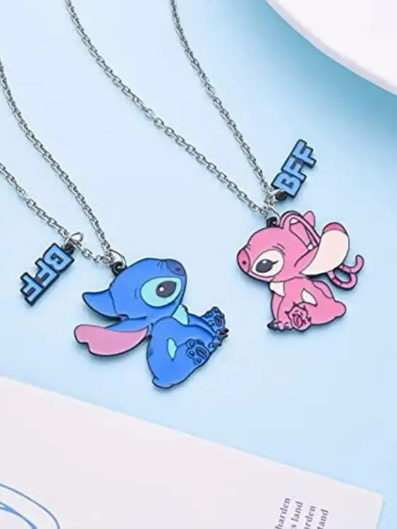 Disney Stitch & Angel Pendant Necklaces for Women Men Sweet Puzzle Heart Necklaces Collar Accessories Jewelry Gifts for Lover