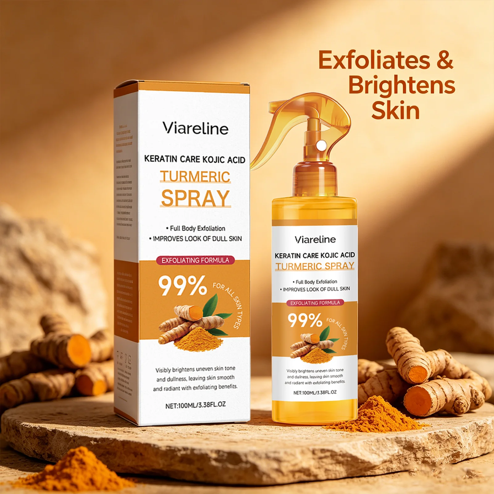 Viareline Kojic Acid Turmeric Spray Brightening Body Exfoliant Remove Dead Skin Uneven Skin Tone Keratin Care Moisturizing Spray