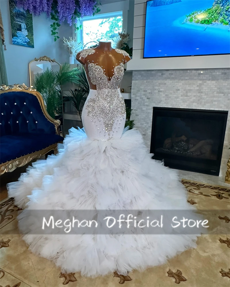 

White Rhinestone Long Prom Dresses O Neck Bead Crystal 2024 Birthday Luxury Dress Ruffles Special Occasion Gown Customized