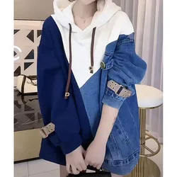 2022  Hooded  sweater  Loose plus  size  Female  Autumn    Winter  Casual  Denim  stitching   wild Long  Hoodie