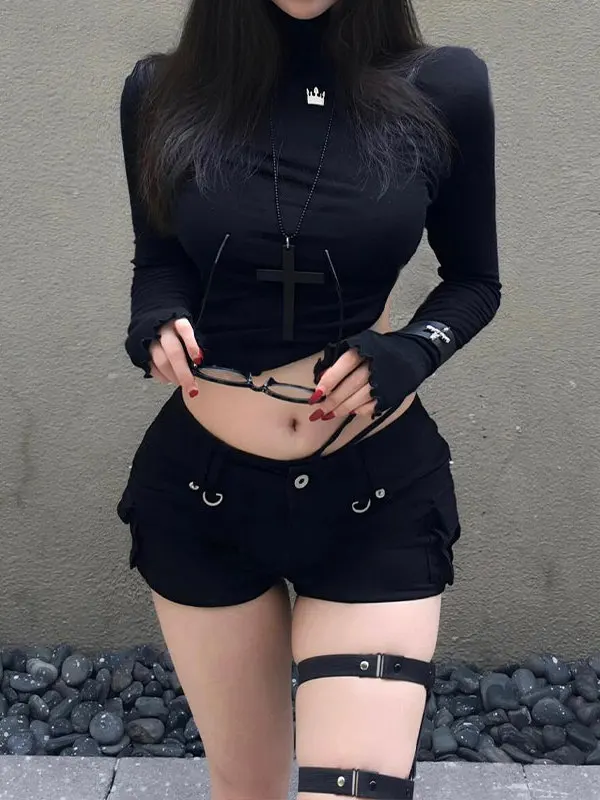 Black Workwear Denim Multi-Pocket Low-Waist Tight Butt Shorts Women Summer Hot Pants Cotton Stretch Retro Style Commute
