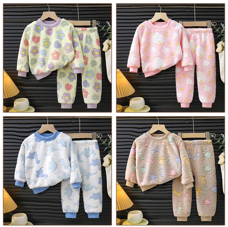 Neue Cartoon-Print-Loungewear für Kinder, warme Pyjamas für Mädchen und Jungen, weiche, bequeme Baby-Unterwäsche, verdicktes Fleece für den Winter – Detail 12