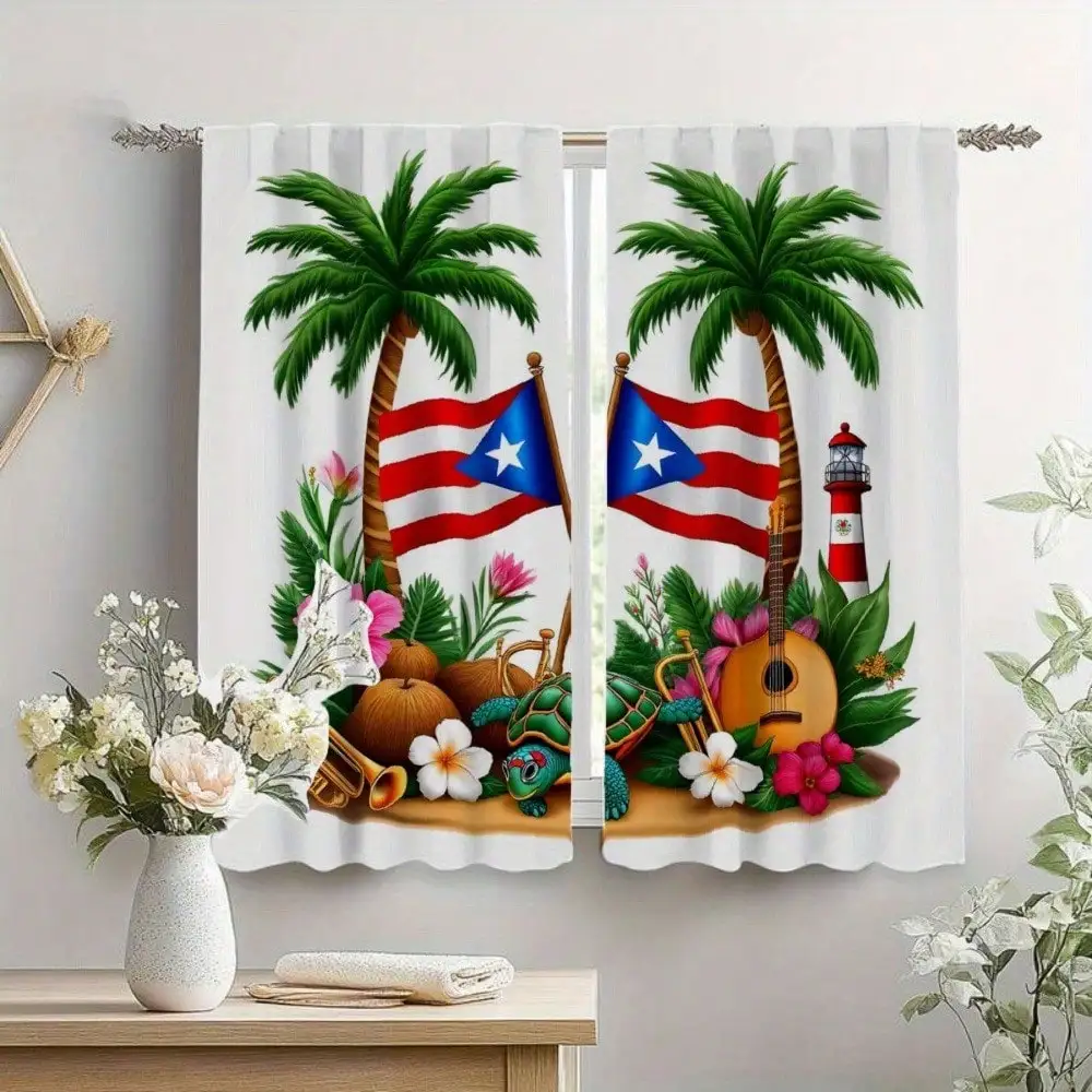 Tropical Puerto Rico Curtain, Palm Tree Flag Print Blackout Curtains, Island Style Musical Floral Window Drapes for Home Decor