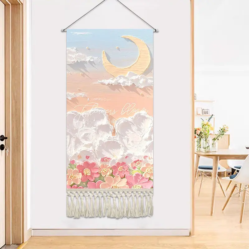 Nordic Wall Art Tapestry with Fringe - Aesthetic Room Decor Oil Painting Print Kawaii Wall Hanging for Bedroom and Yoga Studio