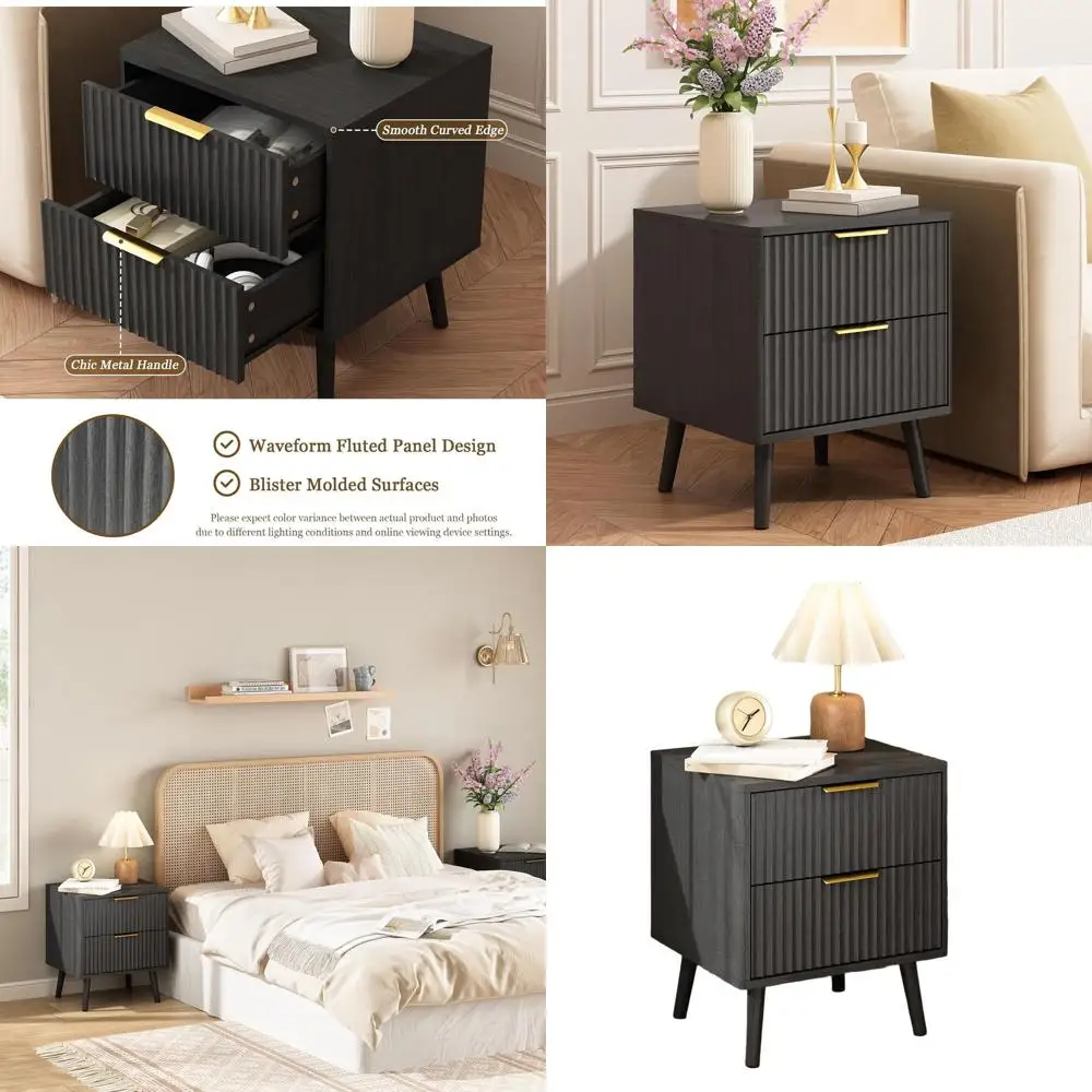 

Черная прикроватная тумбочка в стиле середины века с 2 ящиками и золотыми ручками