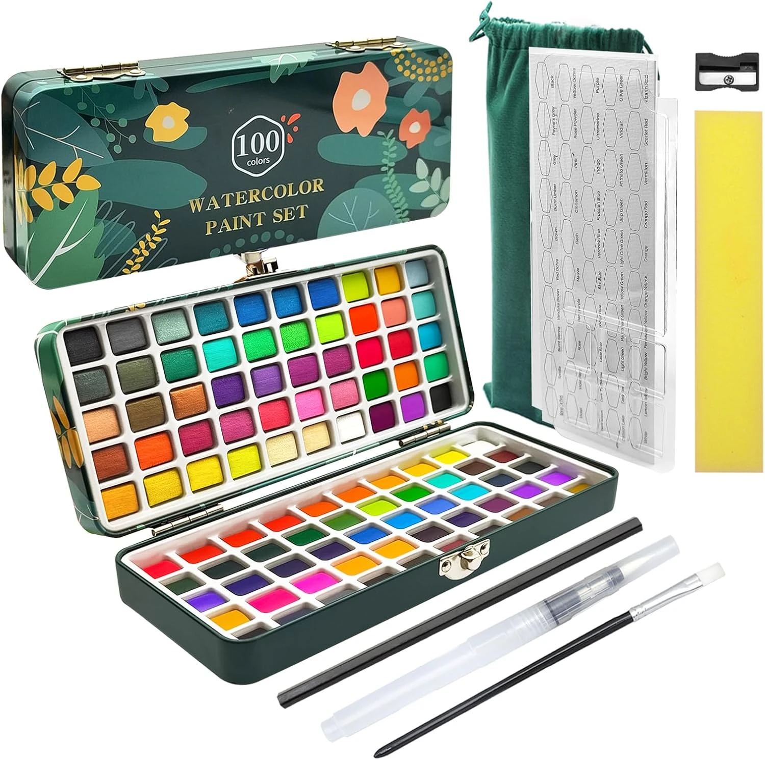 Watercolor painting set 100 colors with a metallic touch, comes with a carrying case, watercolor paper and brush painting set