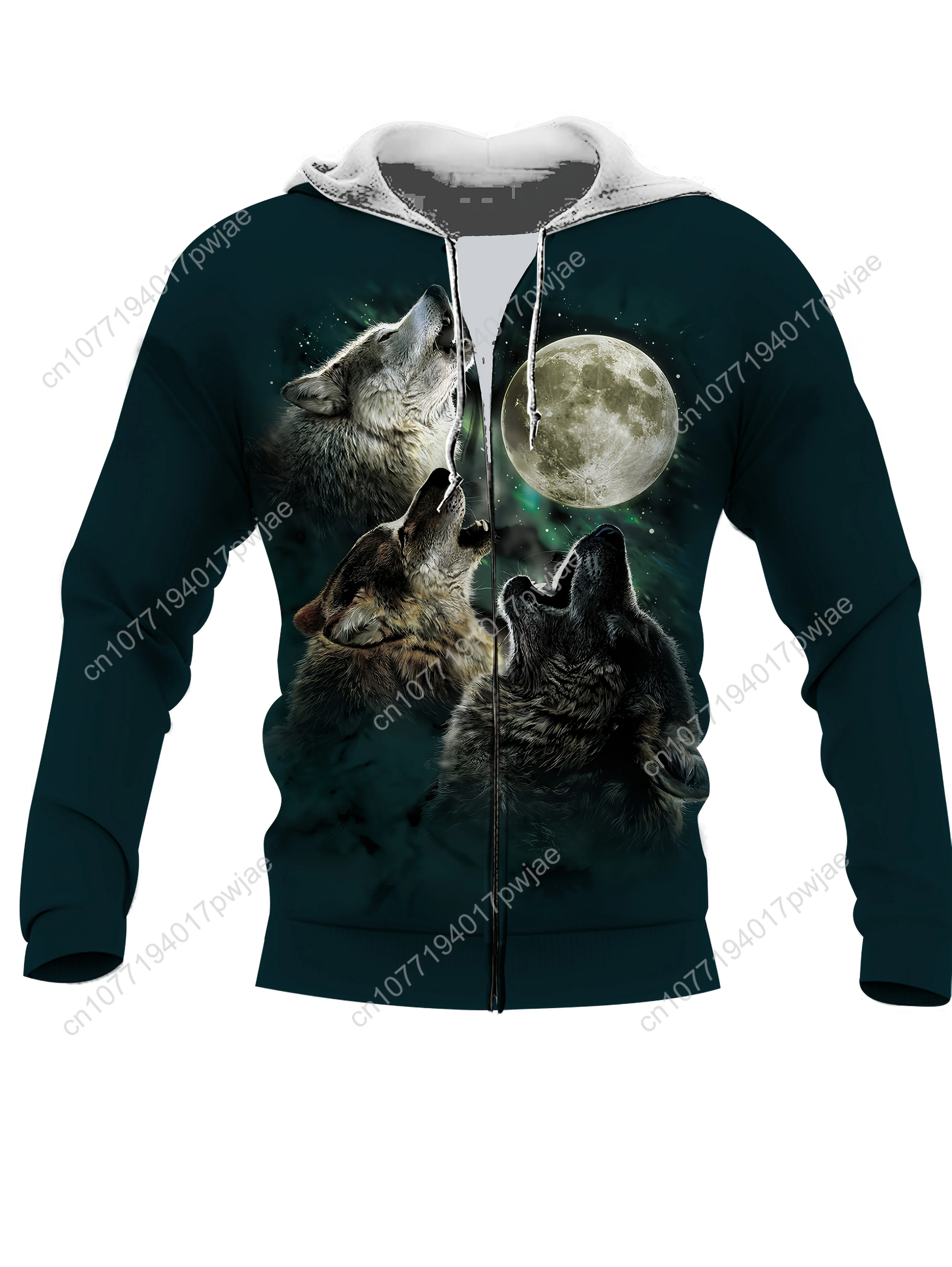 Chaqueta informal con capucha para hombre con estampado 3D de lobo de cuerpo completo, tejido de poliéster, cremallera frontal de manga larga, lavable a máquina, Fi Regular