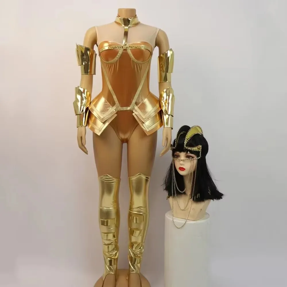 Gold Laser Bodysuit Leg Cover Women's Egypt Style Dance Outfit Leader Team Stage Wear Nightclub Singer Performance Costume