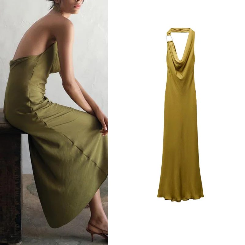 فستان حريري ساتان جديد للربيع بتصميم عتيق مثير مكشوف الظهر بياقة منسدلة وخصر مرتفع على شكل حرف A تنورة طويلة بأسلوب عملي صيفي