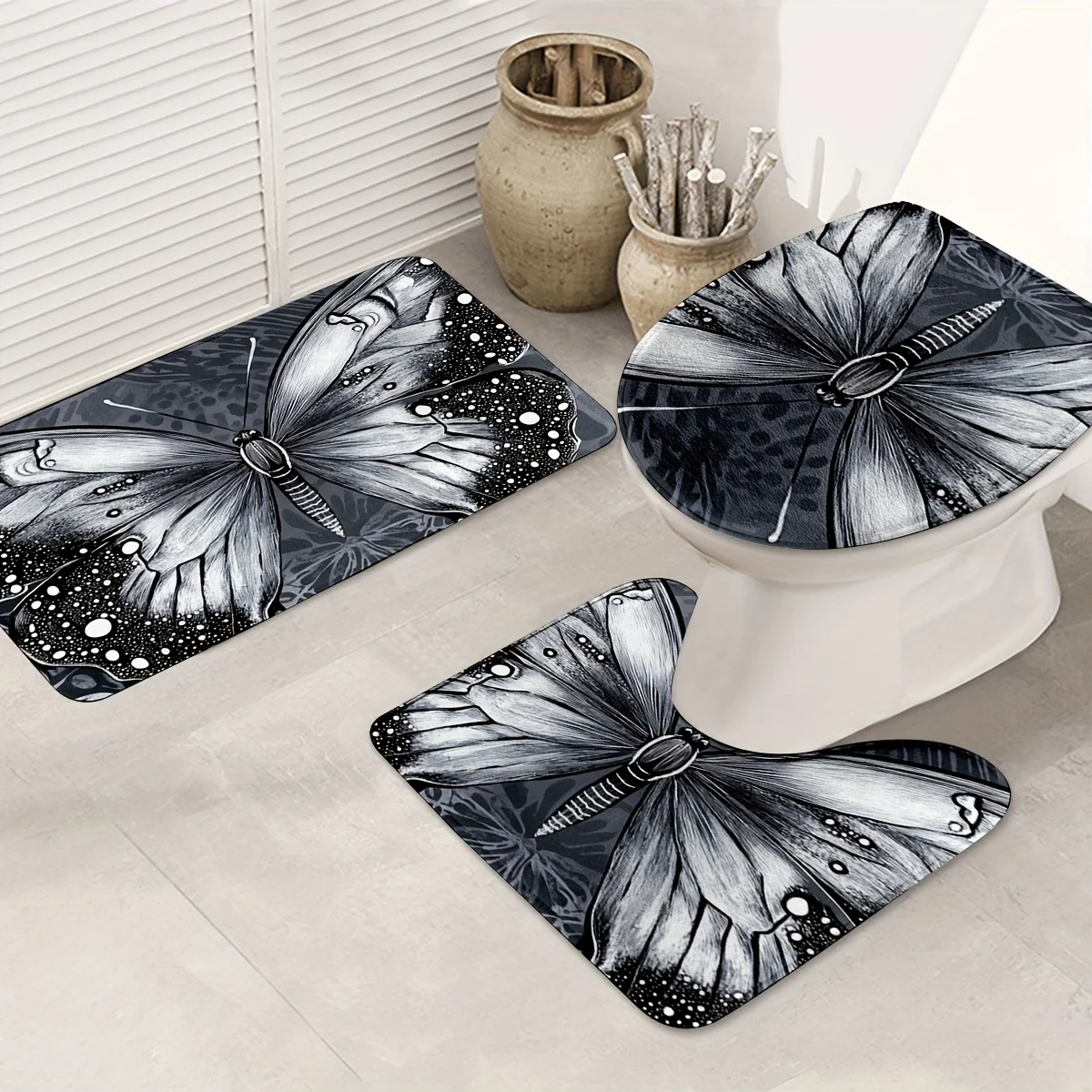 

3-piece butterfly print, U-shaped mat, non-slip mat, toilet seat mat, suitable for bathroom decoration