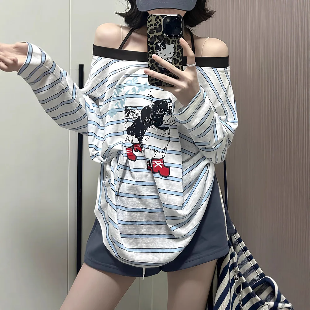 Girls' Spring and Autumn Blue Striped Off-the-Shoulder One-Shoulder Lazy Style Early Autumn Casual Loose Long Sleeve T-Shirt