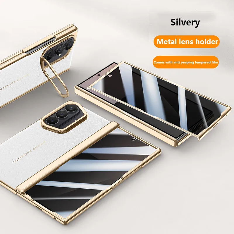 

Plating Leather Case For Samsung Galaxy Z Fold 7 Fold7 ZFold7 5G Magnetic Hinge Bracket Full Protection Cover With Tempered Film