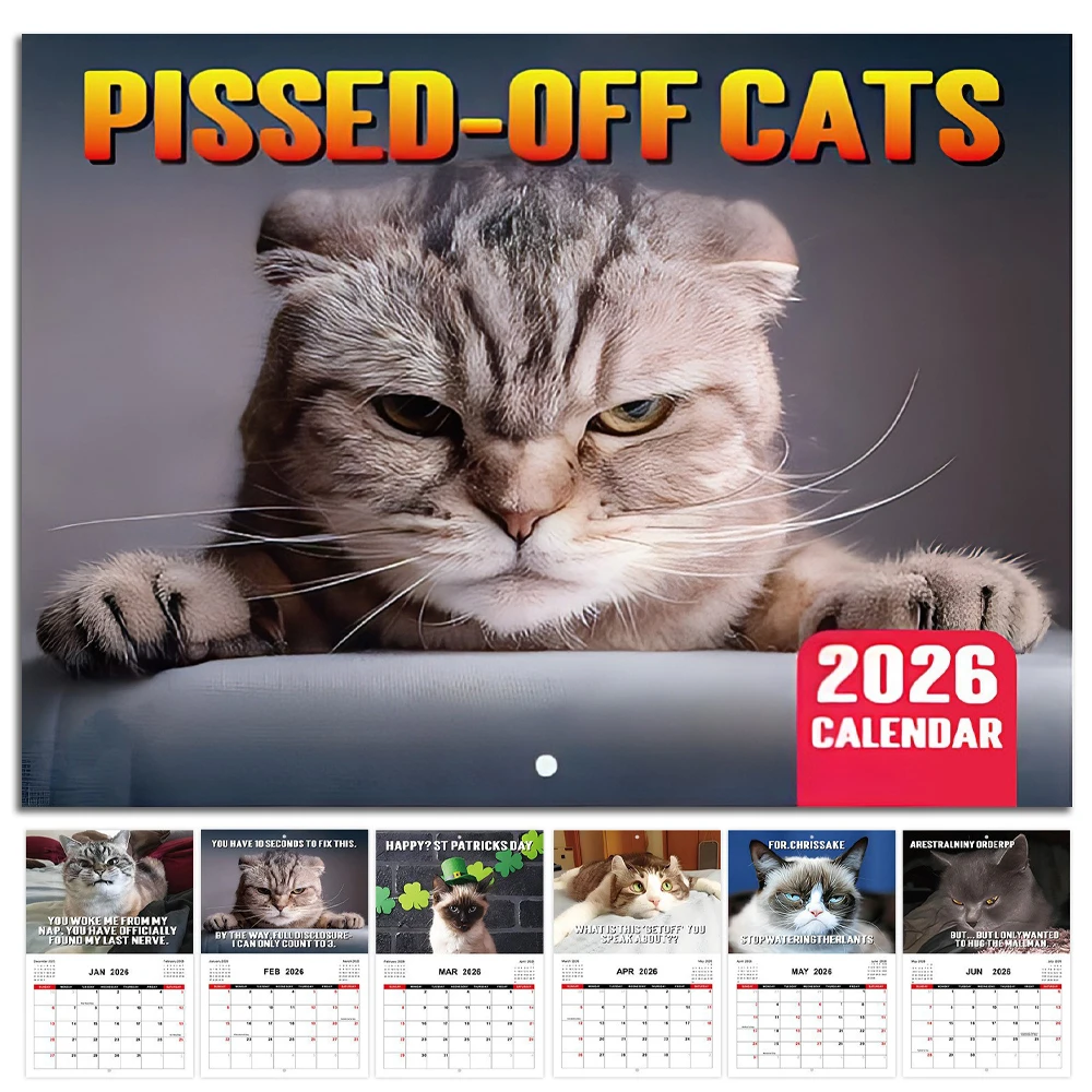 

Peed-Off Cats Wall Calendar 2026 Funny Cat Memes Monthly Hanging Format Cat-Themed Gifts for Cat Lovers Home Office Decoration