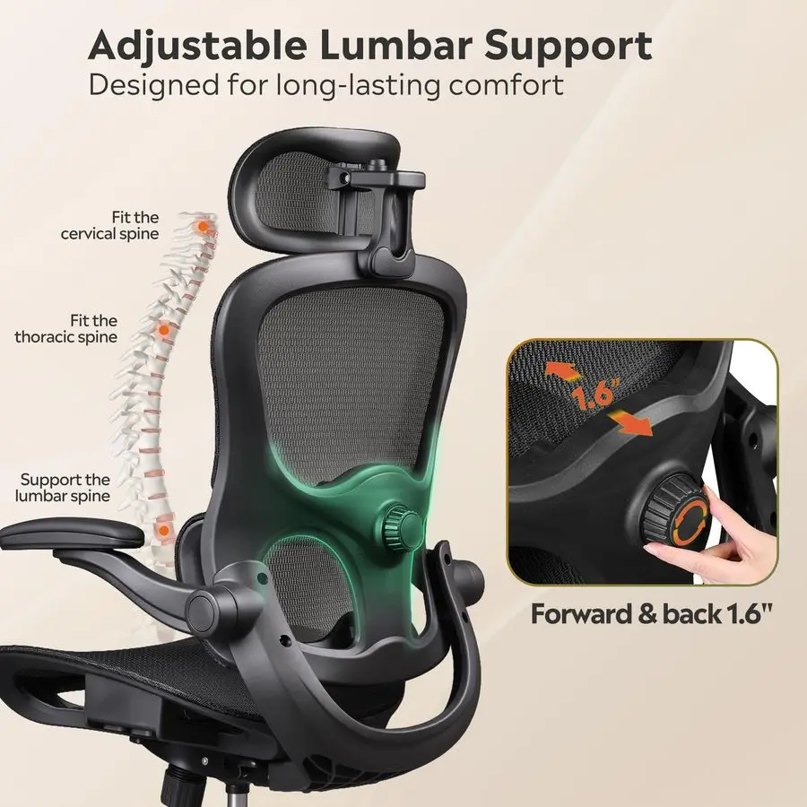 요추 지지대가 있는 인체공학적 메쉬 홈 오피스 책상 의자, 플립업 팔걸이가 있는 등받이가 높은 컴퓨터 게임용 의자, 3D He