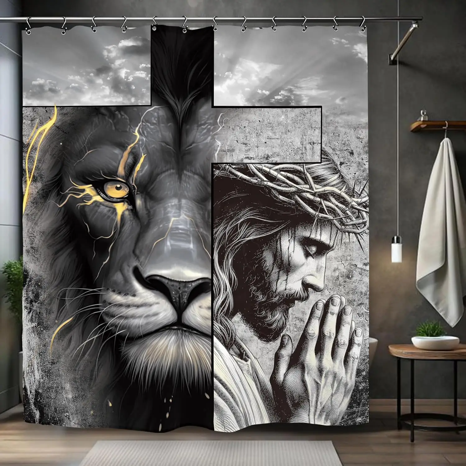 Dramatic Lion and Jesus Cross Shower Curtain Gothic Christian Art Modern Bathroom Home Decor Shower Curtain