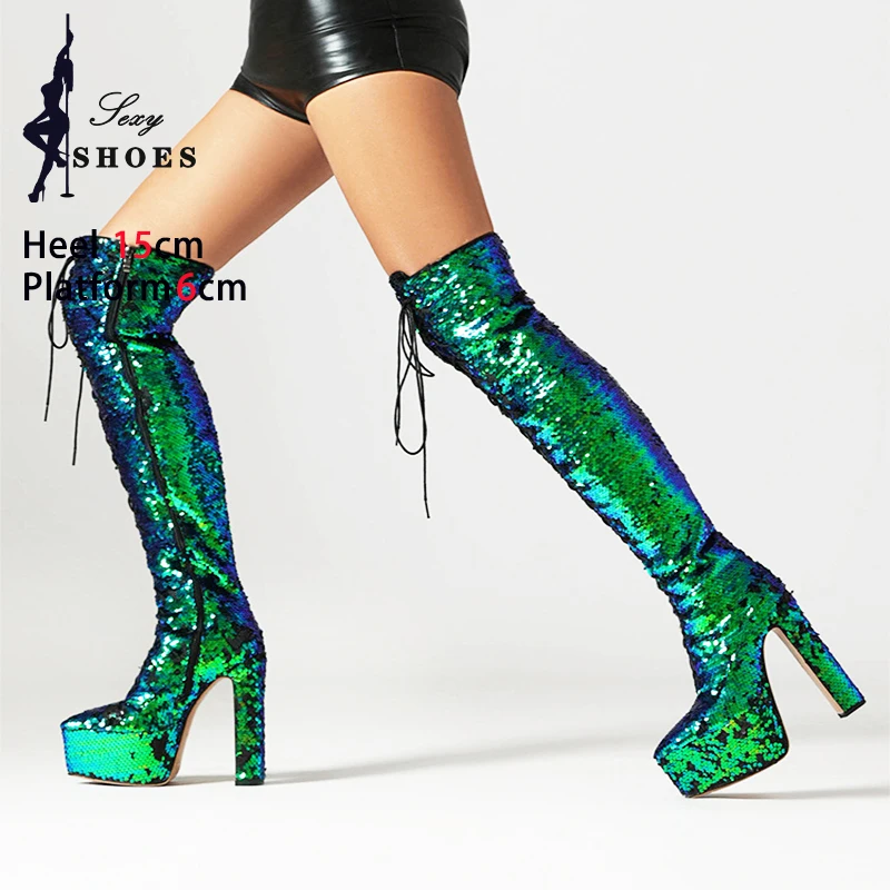 

Sequins Pointed Toe Over The Knee Boots Women Club Party Chunky Heels Lady Fashion Zippered Catwalk Shoes Shiny Thigh High Boots