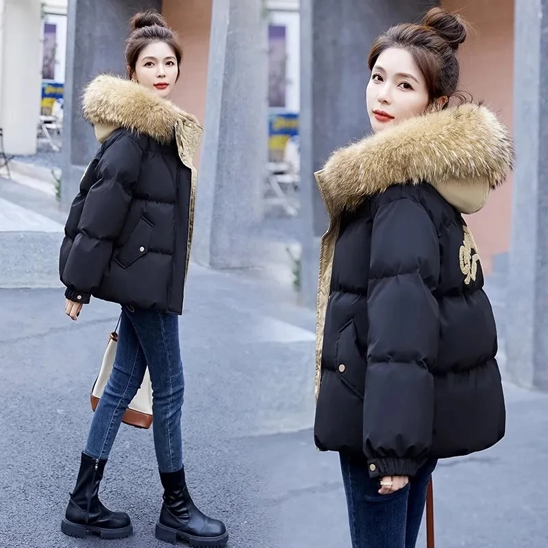 Down Cotton Jacket For Women Short Thickened 2026 Winter New Big Fur Collar Loose Cotton Coat Women's Warm Hooded Jackets Parker
