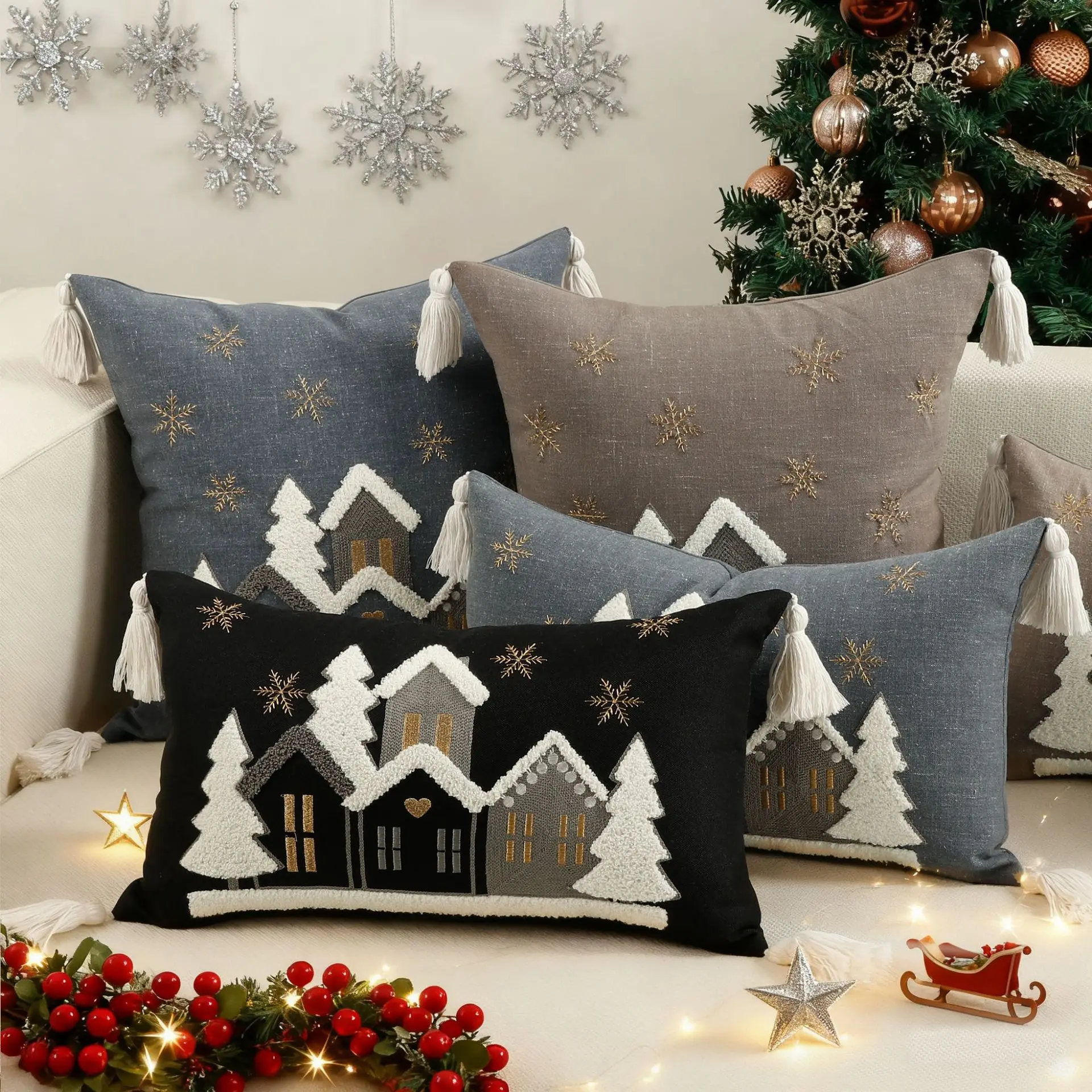 30 x 50 cm, 45 x 45 cm, bestickter Haus-Kissenbezug, dekorativer Sofa-Leinen-Geschenkkissenbezug für Zuhause, Weihnachten, Party-Dekoration – Detail 7