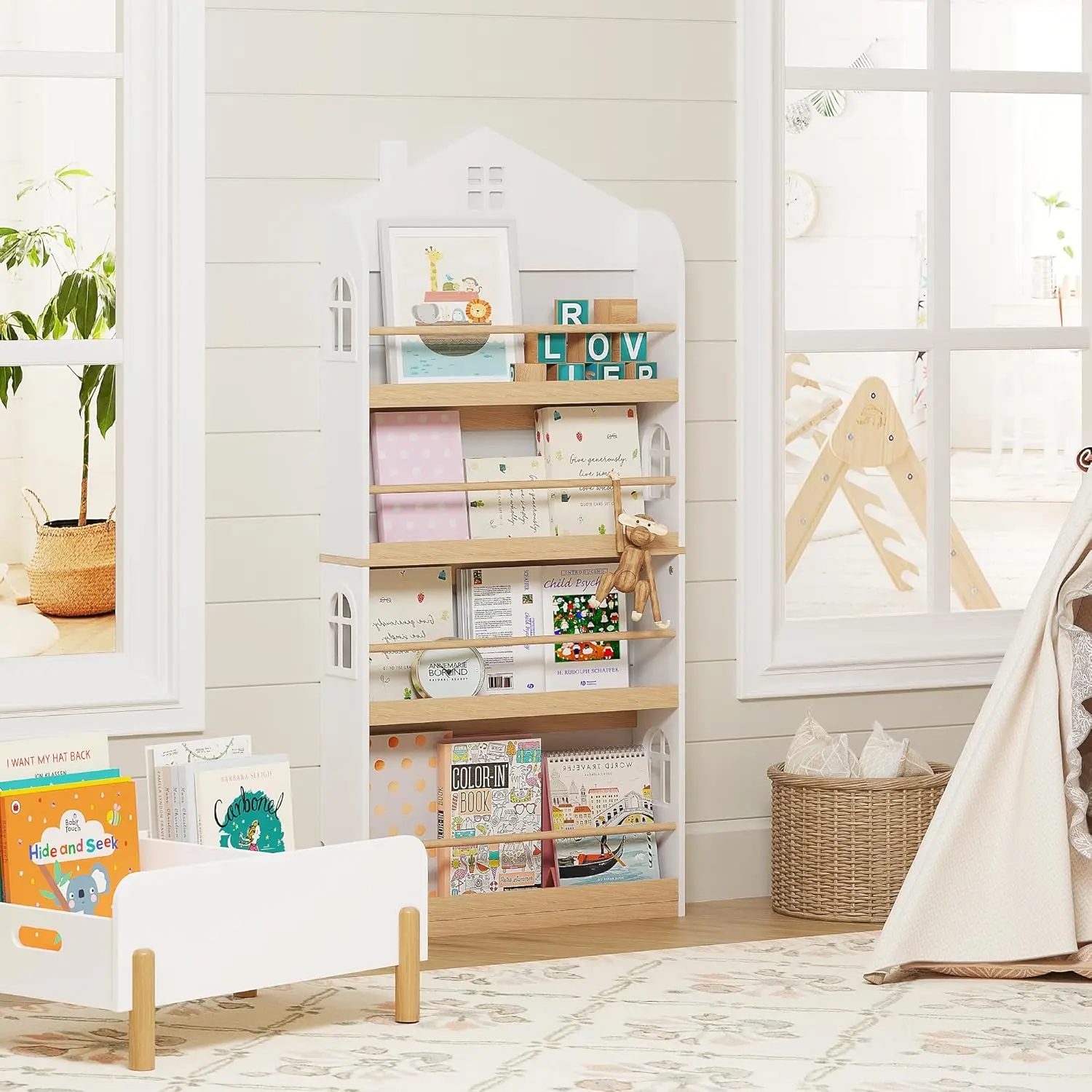 

Utex Kids Bookshelf Wall Mounted, 4-Tier Book Shelf Organizer, Tall Wooden Children'S Bookcase, Storage Book Rack For Kids