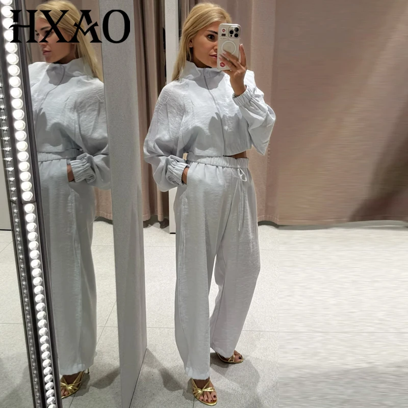 HXAO Pink Grey Pant Sets Summer Women's Suit Elegant Crop Oversized Long Sleeve Top Sets Chic Baggy Lace-Up Hanging Trousers Set