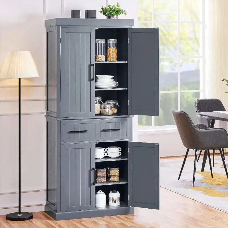 Kitchen Pantry Storage Cabinet with Drawer,Cupboard Pantry Cabinets Adjustable Shelves Barn Doors for Dining Room/Living Room