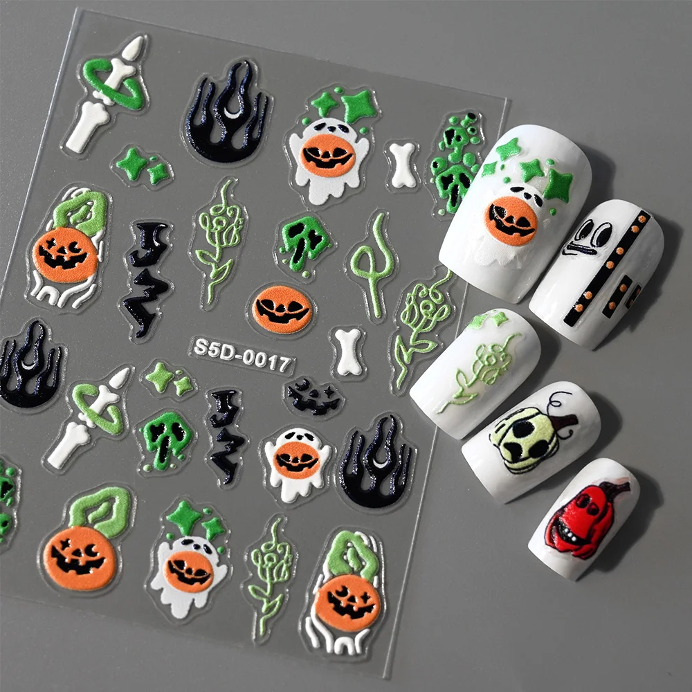 Autocollants 5D pour Nail Art, 1 pièce, décalcomanies adhésives à design de dessin animé d'Halloween, main de squelette/sang/araignée/Aliments, curseur de manucure #