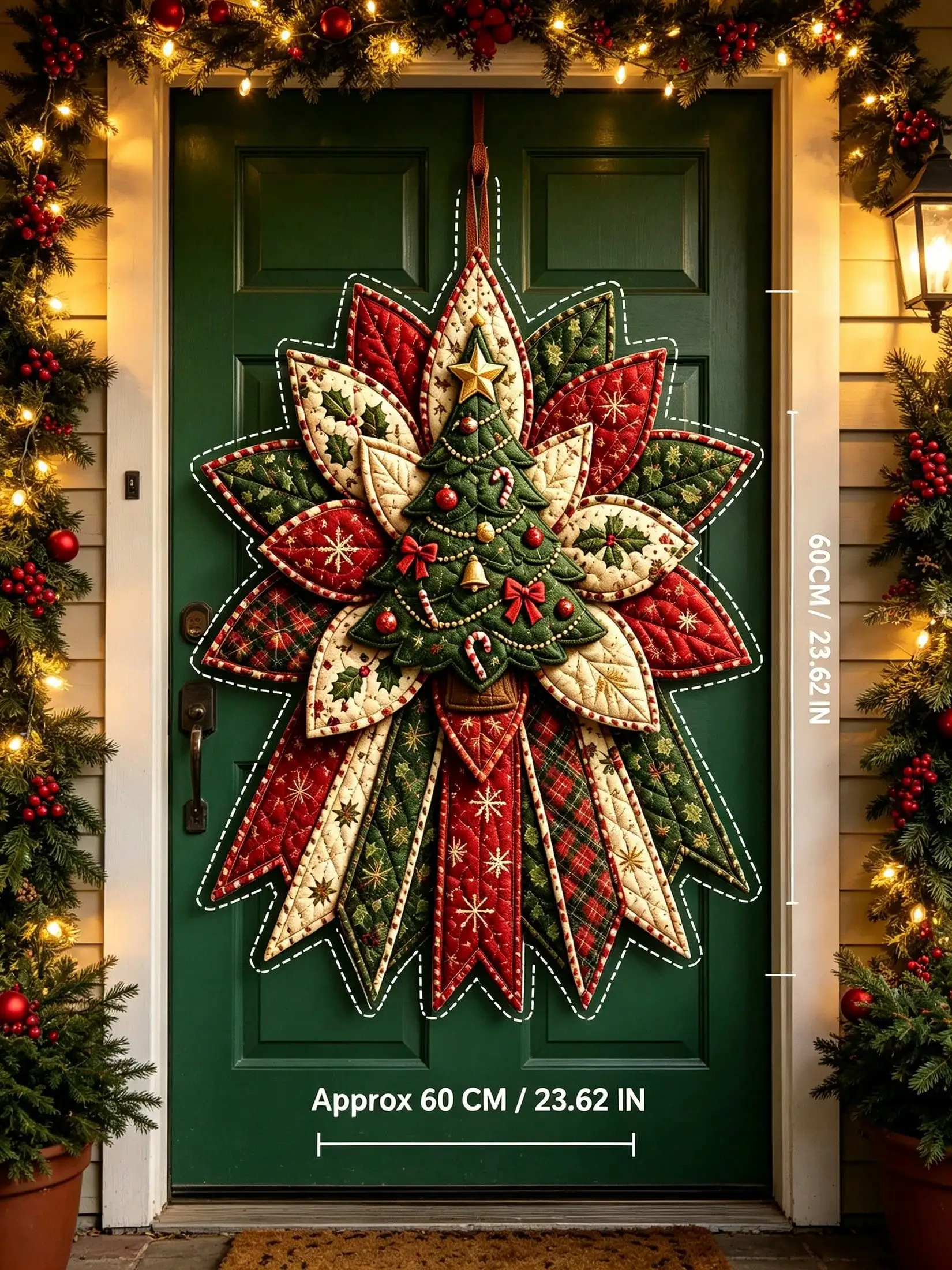 DIY Christmas Tree Quilted Flower Wreath Sewing Kit, Holiday Poinsettia Leaf Door Hanging Craft Decor Set, Complete Supplies With Pre-Cut Fabric, Thread, Needles, Filling And Pattern, Beginner-Friendly Handmade Xmas Front Door Wall Ornament