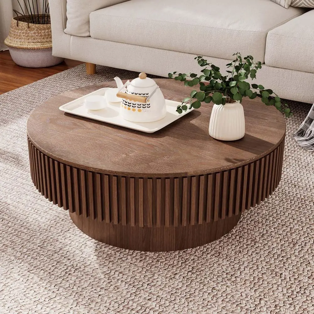 Walnut Round Coffee Table with Storage, Solid Wood Veneer, Accent Table for Small Living Spaces