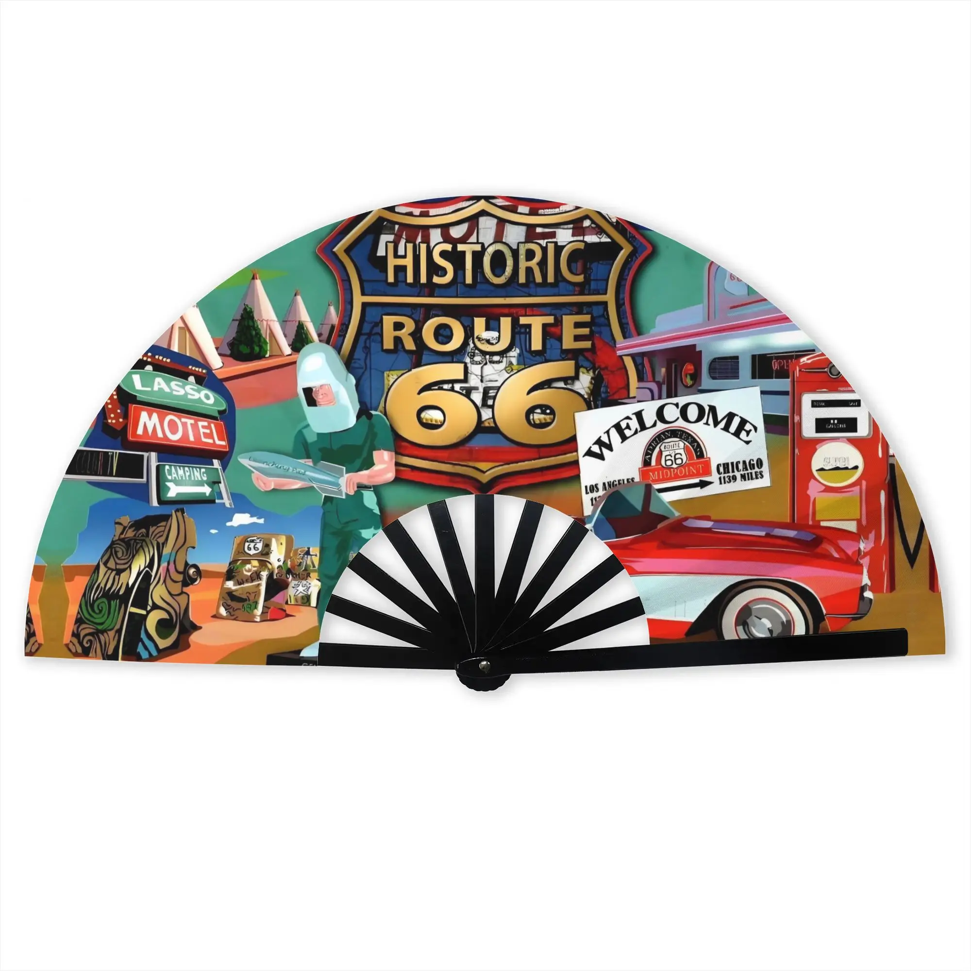 Nostalgia Route 66 Portable Pocket Fan Travel Get Your Kicks On Folding Fan Chinese Dance Cooling Handheld Fans