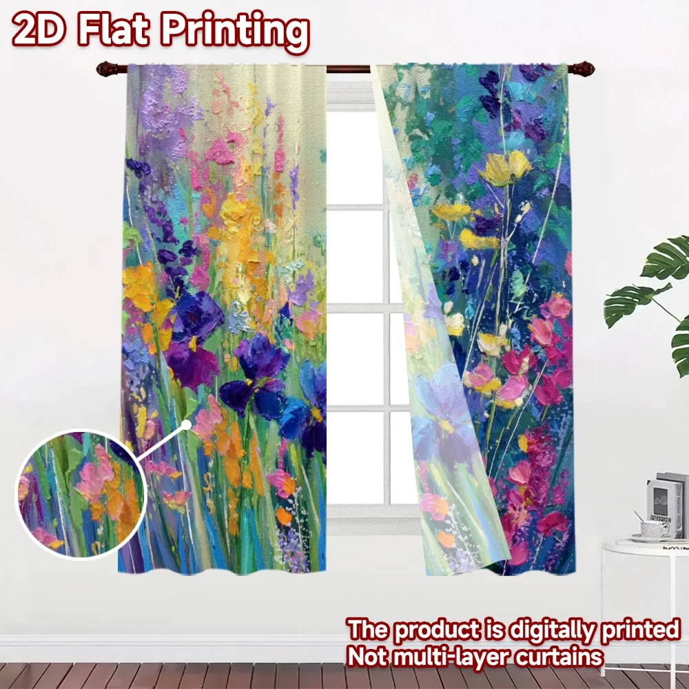 2D flat printing 2pcs Curtain Curtain Spring Colorful Flowers Digital Printed Polyester Drapes Seasonal Party & Holiday Decor