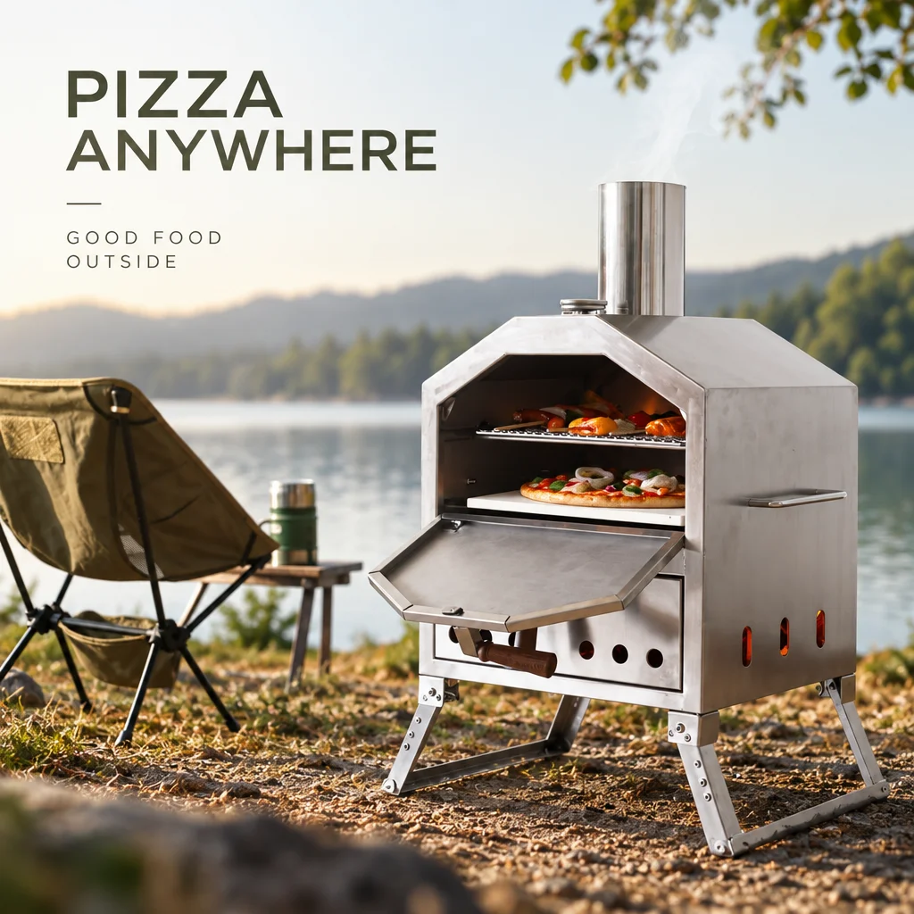 Portable Outdoor Wood Fired Pizza Oven Double Layer Stainless Steel Pizza Grill Oven with Pizza Stone for Camping Backyard