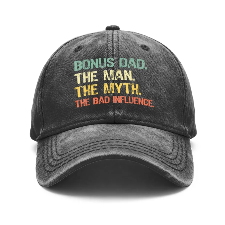 1 Vintage Washed Unisex Baseball Cap, Bonus Dad the Man the Myth the Bad Influence, Adjustable, Suitable for Outdoor Activities and Casual Wear, Gift for Boyfriend or Girlfriend, Spring, Summer, Autumn, Winter