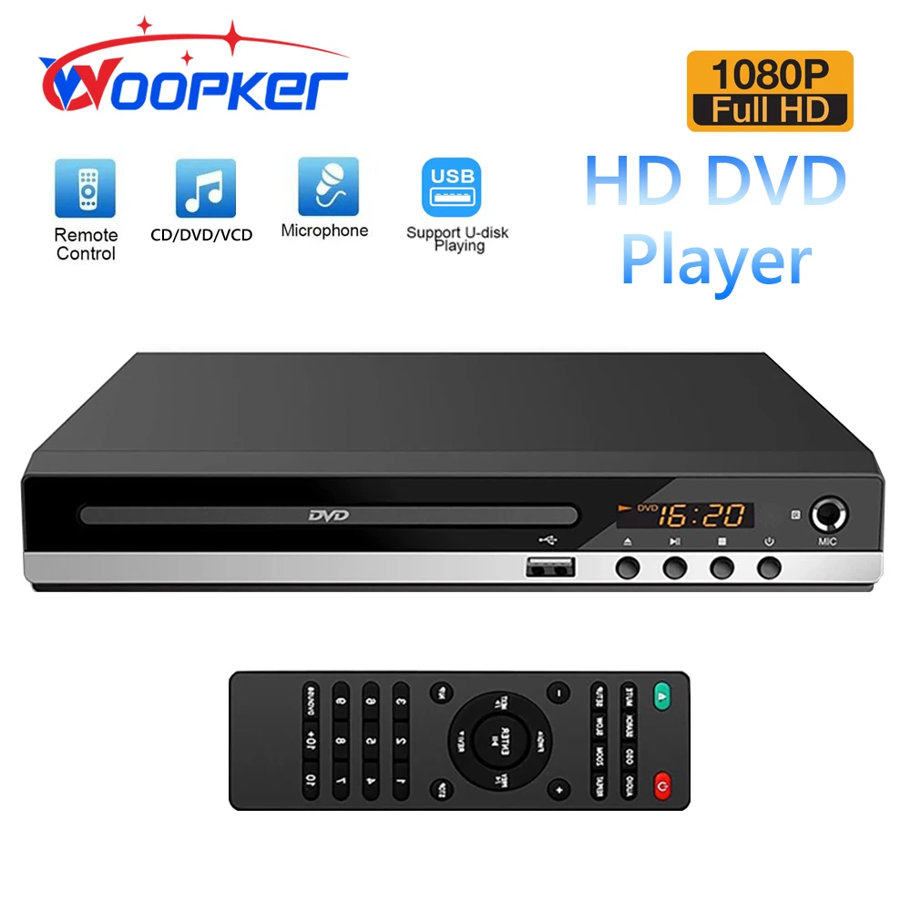 DVD-плеер Woopker B29 HD 1080p CD/EVD/VCD с выходами AV и HD, домашний цифровой медиаплеер с портами USB и микрофона