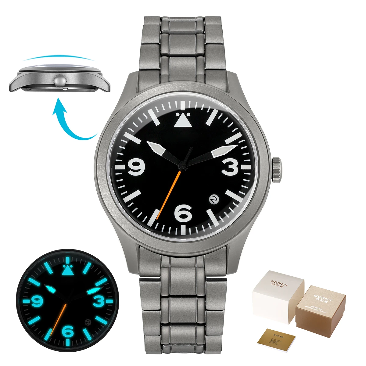 BERNY Volledig titanium automatisch horloge voor heren Saffier AR gecoat 10Bar Avondmaal Lichtgevend herenhorloge Sport Luchtvaart Herenhorloges