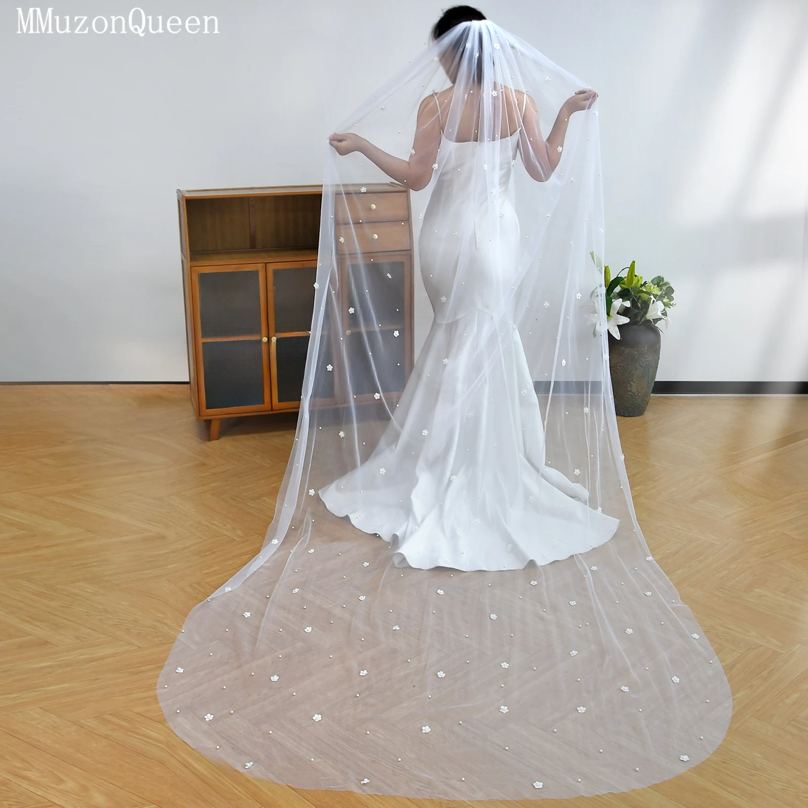 TOPQUEEN الأبيض ثلاثية الأبعاد الحجاب الزفاف الأزهار اللؤلؤ طرحة زفاف كريم شريط أبيض مشط اكسسوارات الزفاف للتخصيص V83