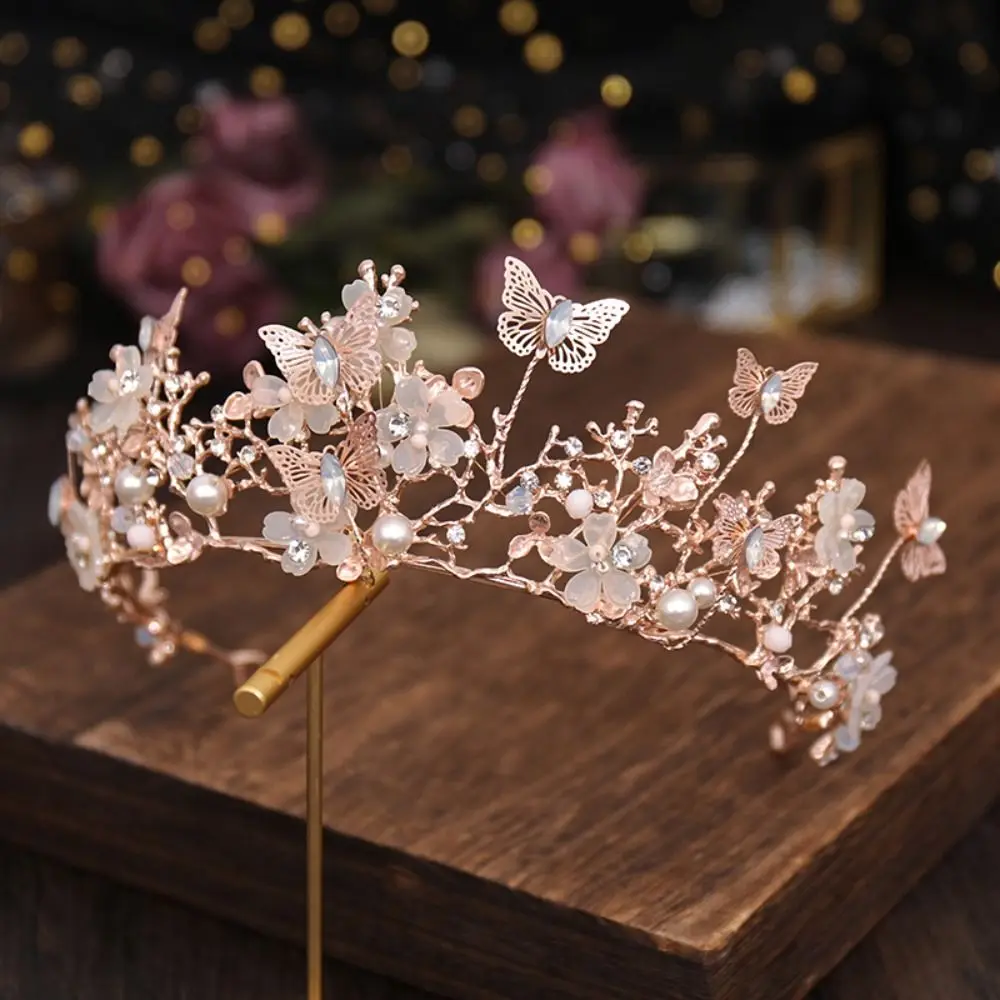 Butterfly Bridal Tiara Pearl Diamond Crown Princess Crown Korean Style Bridal Headwear Women Tiara Bridal Crown Wedding Jewelry