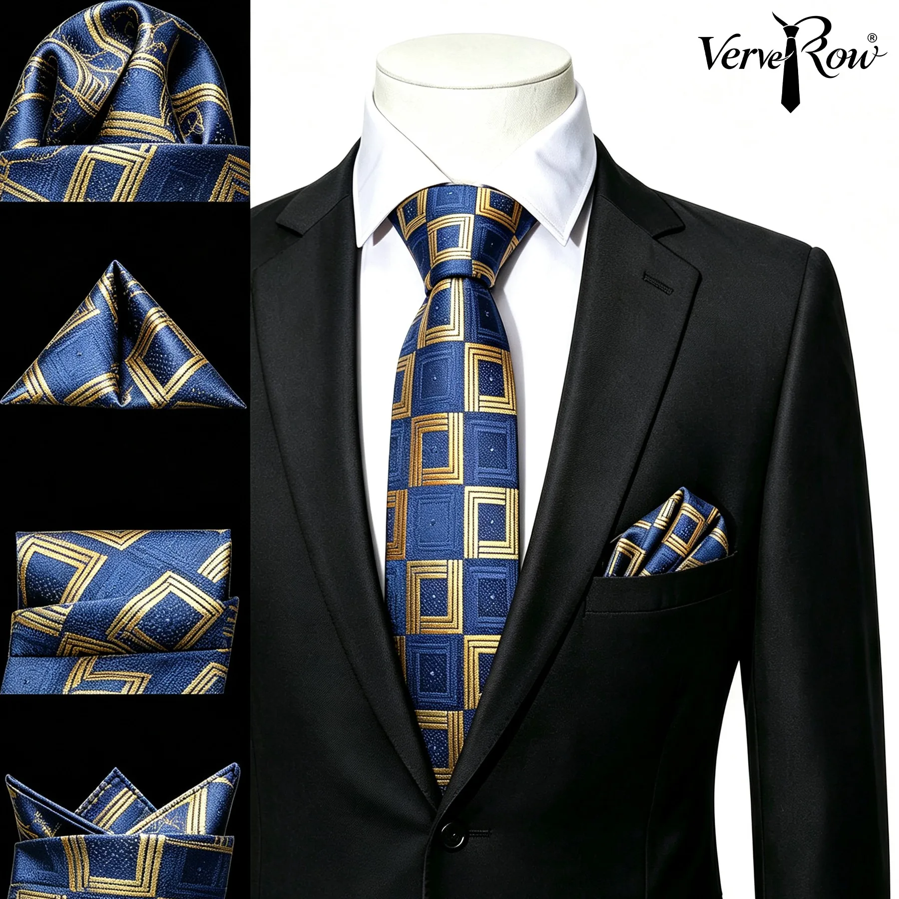 VERVEROW Classic Plaid Square Pattern Necktie Matching Pocket Set Men Formal Tie Handkerchief Suit for Office Celebration
