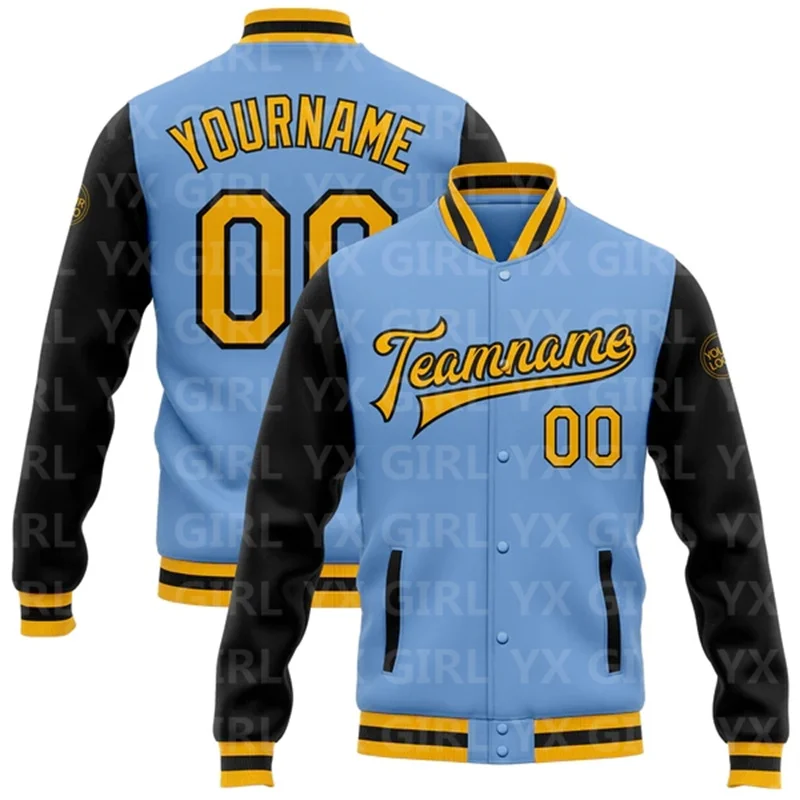 Custom Light Blue Pink Black-Purple Bomber Full-Snap Varsity Letterman Jacket 3D Printed Baseball Button Jacket