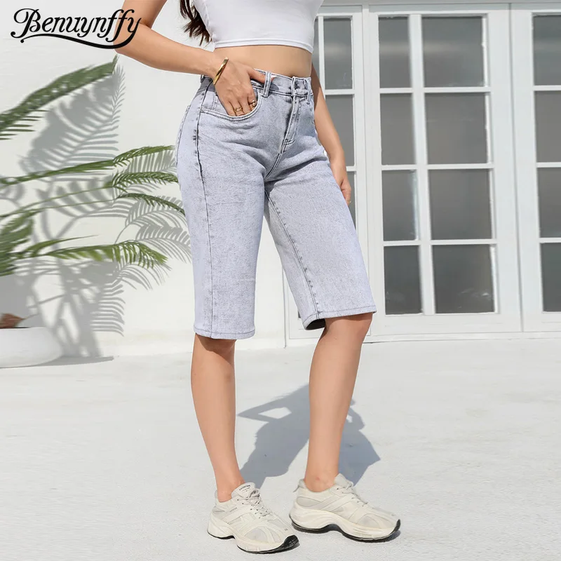 

Benuynffy High Waisted Casual Denim Shorts Women's Summer 2025 Fashion Retro Matching Stretch Straight Half Pants Streetwear