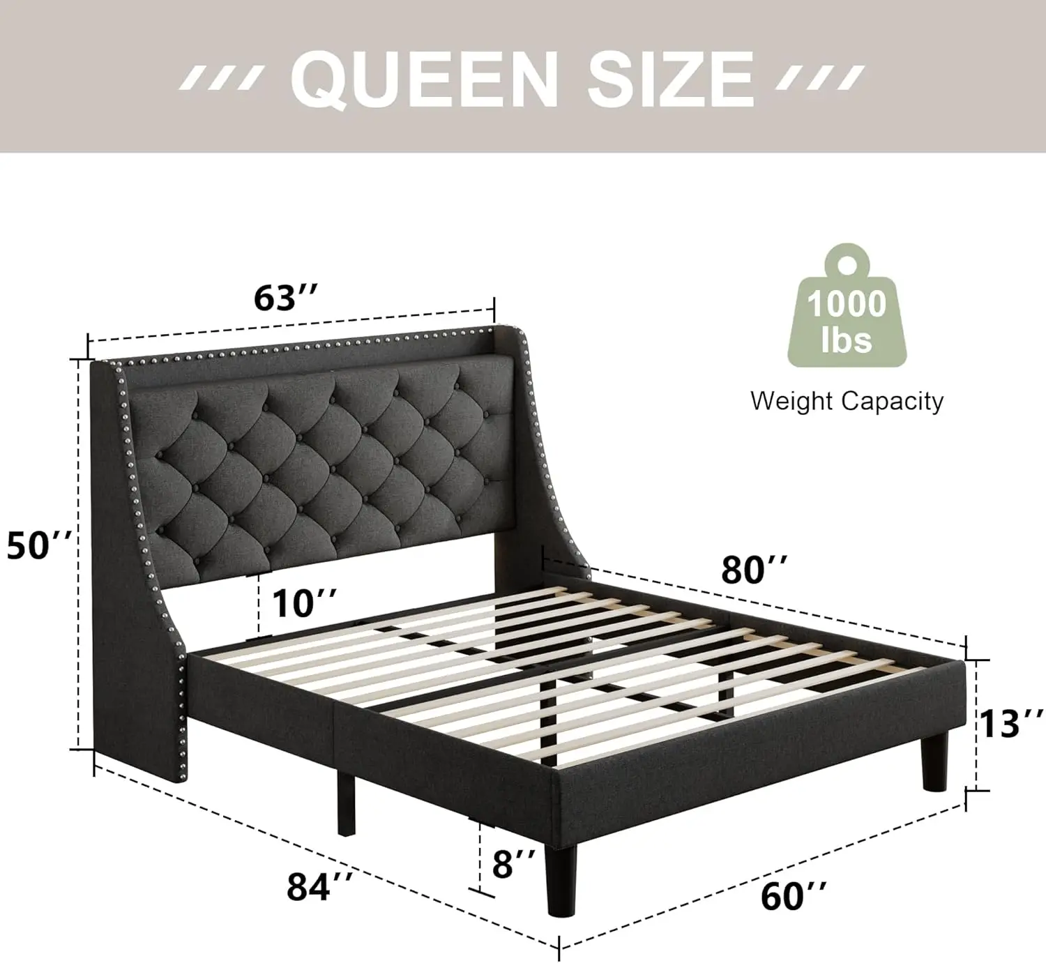 Bed Frame with Luxury Wingback and Fast Charging Station,Upholstered Button Tufted Storage Headboard Platform Bed,Sturdy Wooden