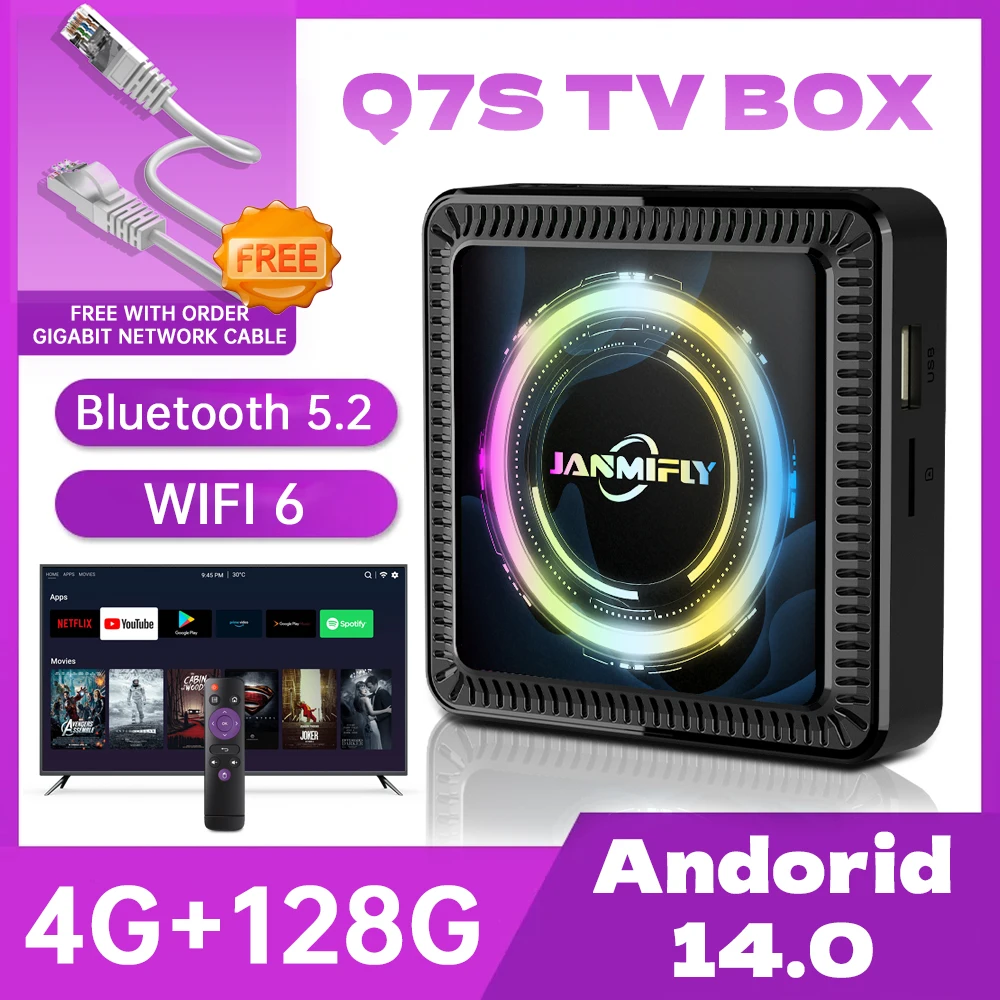 Janmifly Q7S TV Box Android14 Allwinner H313 Octa Core Support 4K 6K Netflix 4GB 128GB WIFI 6 Set Top Box Home Media Player